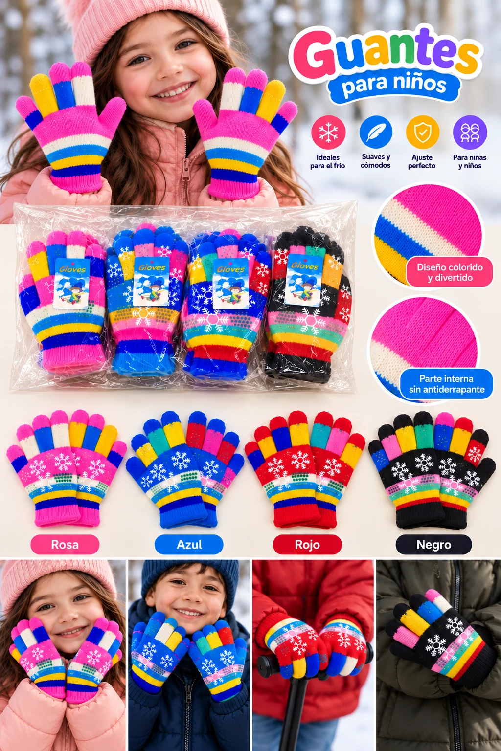 Catálogo de guantes infantiles: modelos rosa, azul, rojo y negro, fotografías de uso y detalles